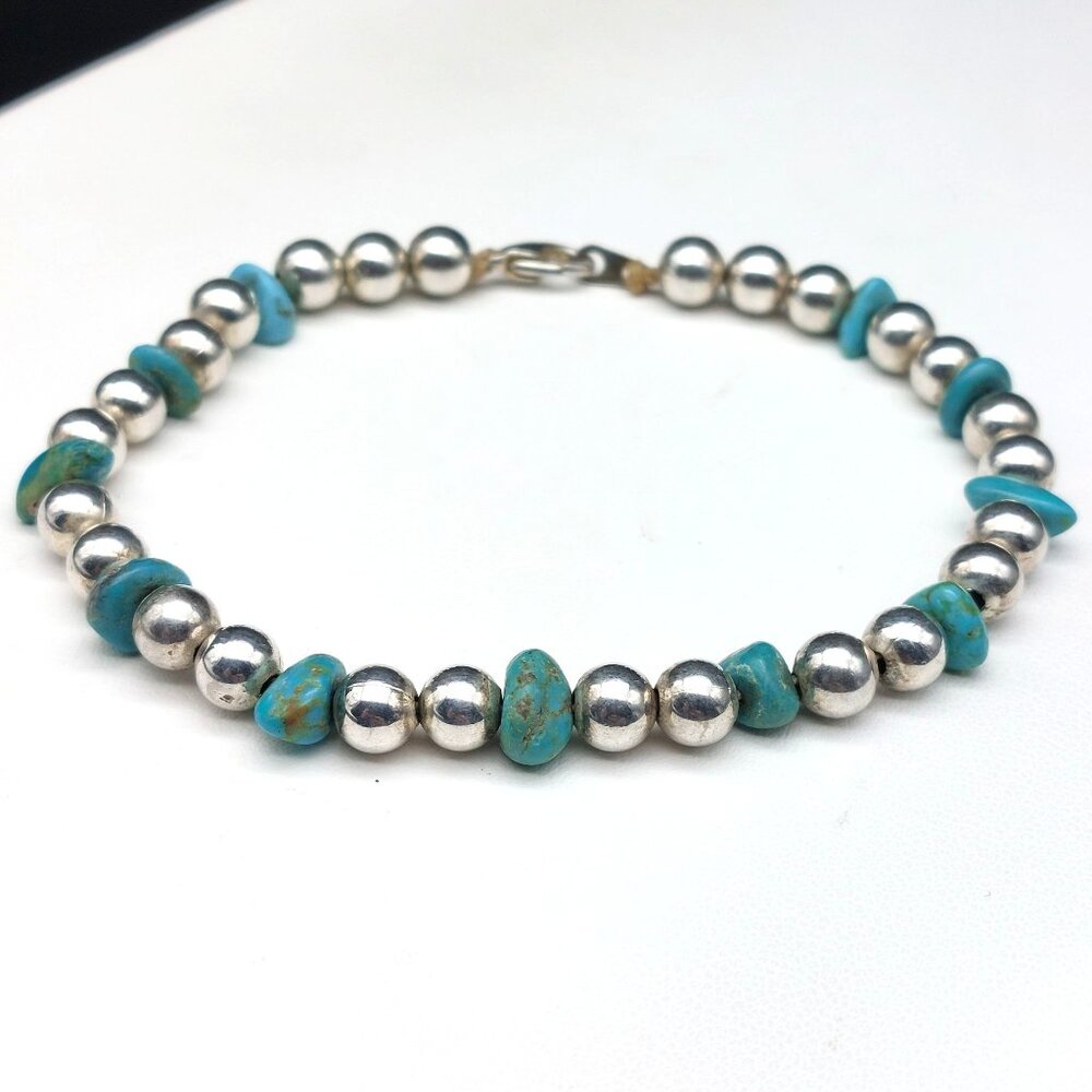 Vintage Turquoise & Silver Beaded Bracelet 7.5" With Lobster Clasp